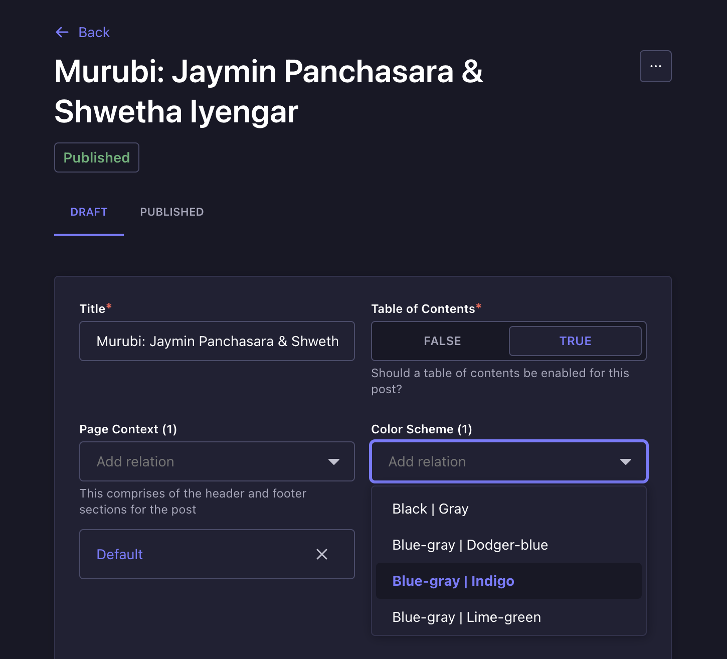 The color scheme field on posts/pages