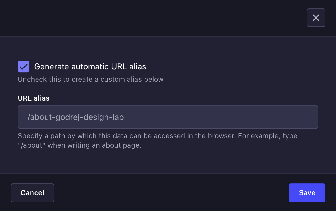 Edit URL Alias dialog