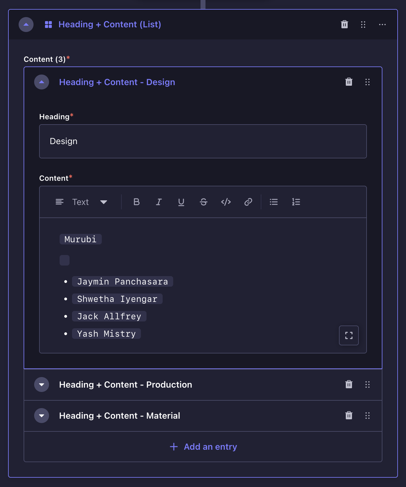 Heading + Content block on Strapi