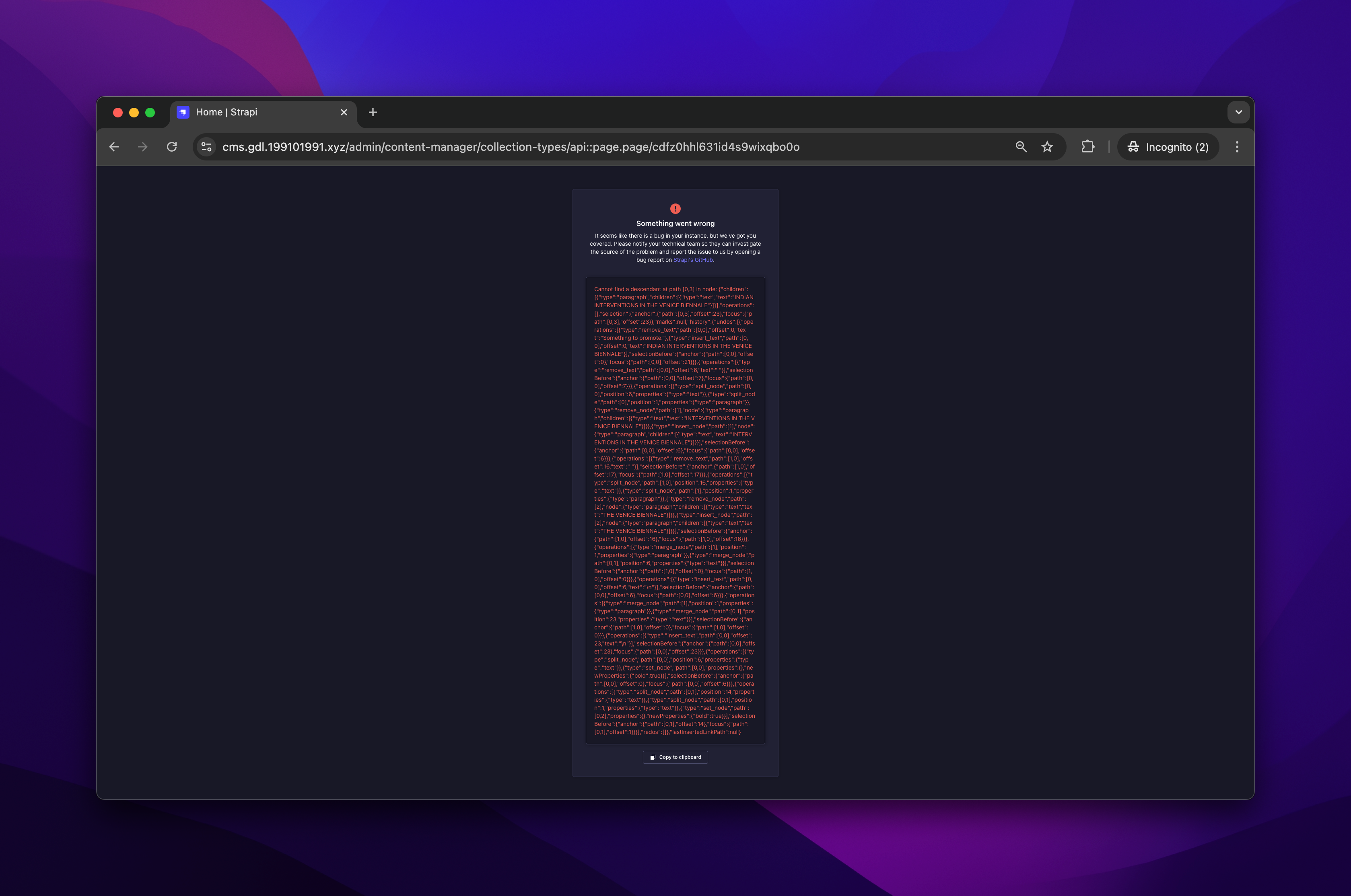 The red spillage error Strapi Red Vomit Error