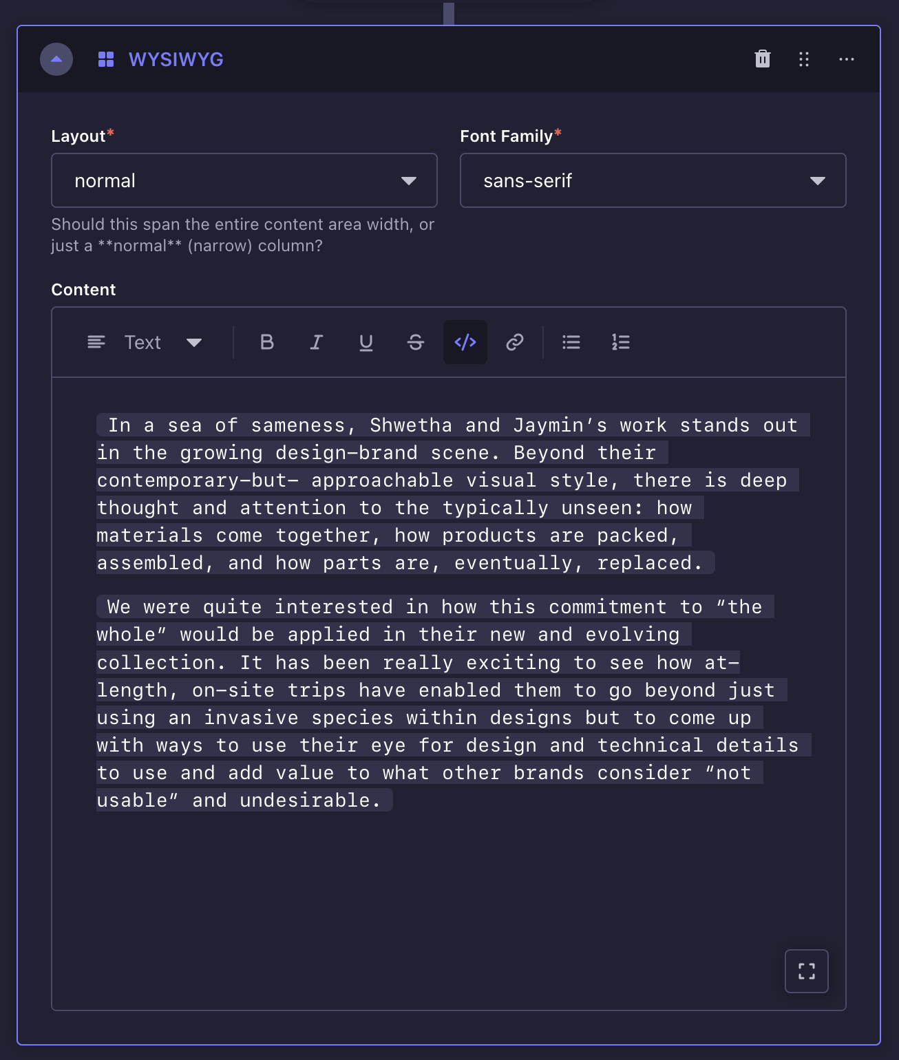 WYSIWYG block on Strapi